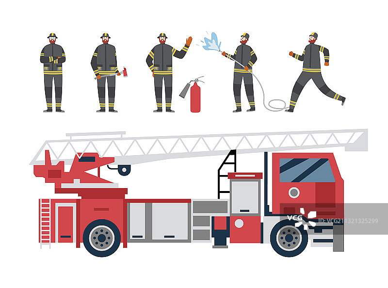 红色消防车和消防员扁平卡通图片素材