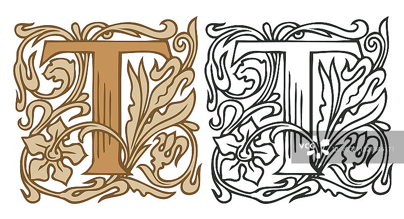 带有巴洛克装饰的复古首字母T图片素材