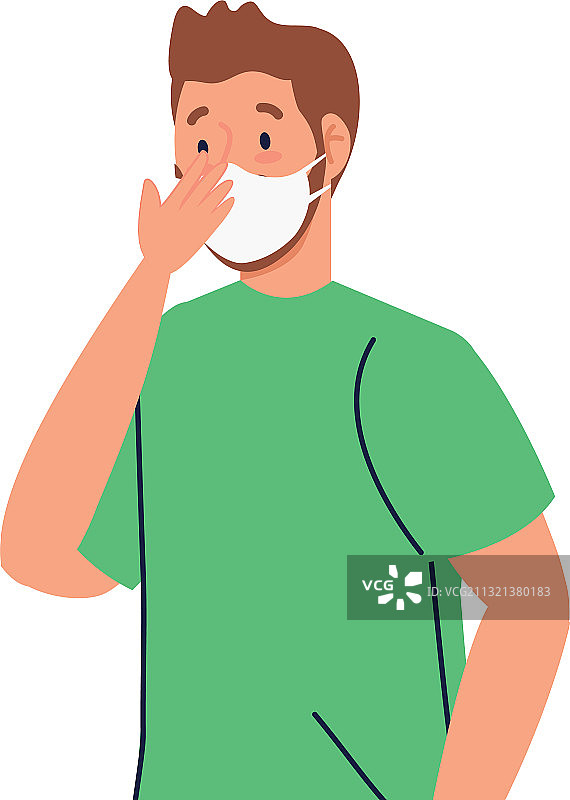 戴医用口罩穿绿色T恤的卡通男人图片素材