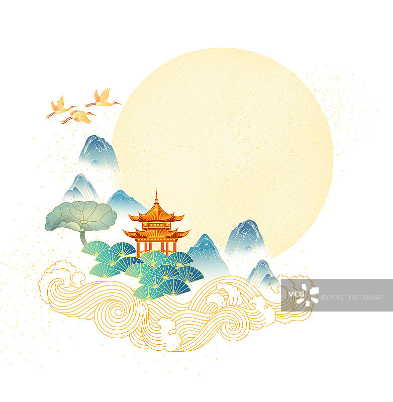 中国风山水明月图案白色背景图片素材