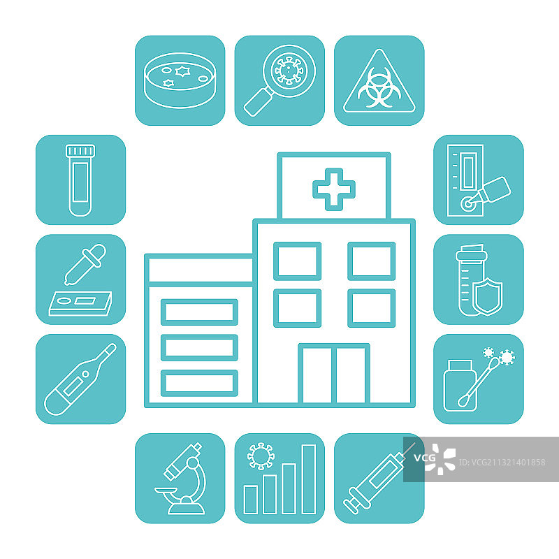 医院建筑与新冠病毒检测图标图片素材