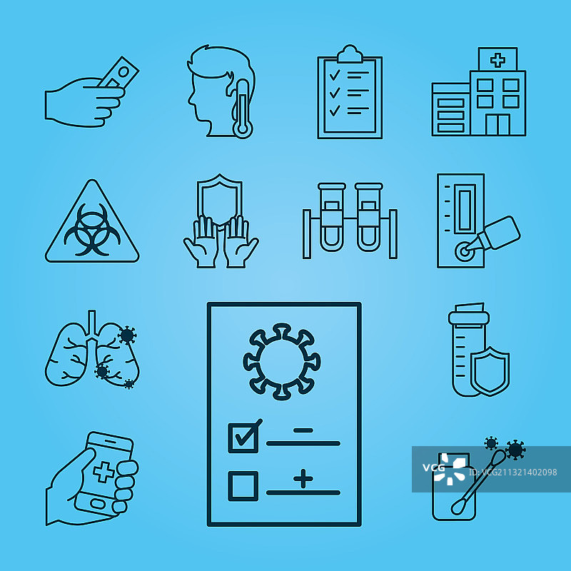 新冠病毒检测与医院建筑线性图标集图片素材