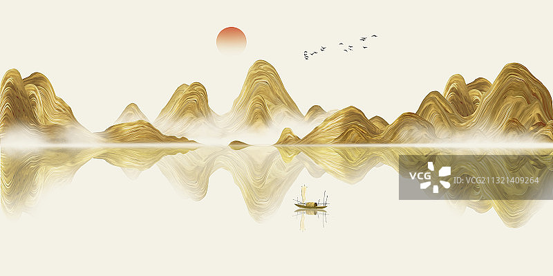 手绘中国风意境金色抽象山水风景画图片素材