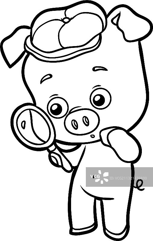 带放大镜的猪涂色书图片素材