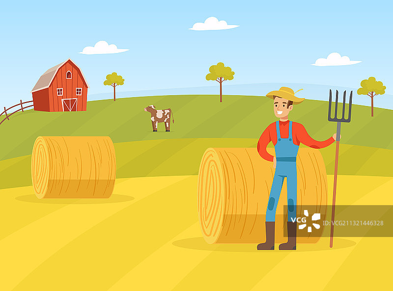 农民站在背景前，手持草叉图片素材