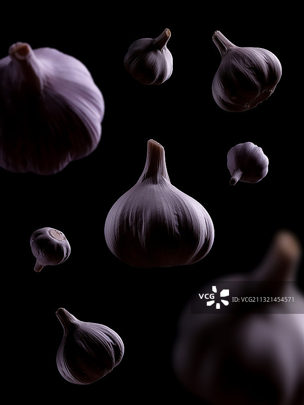 黑色背景下的大蒜头特写图片素材