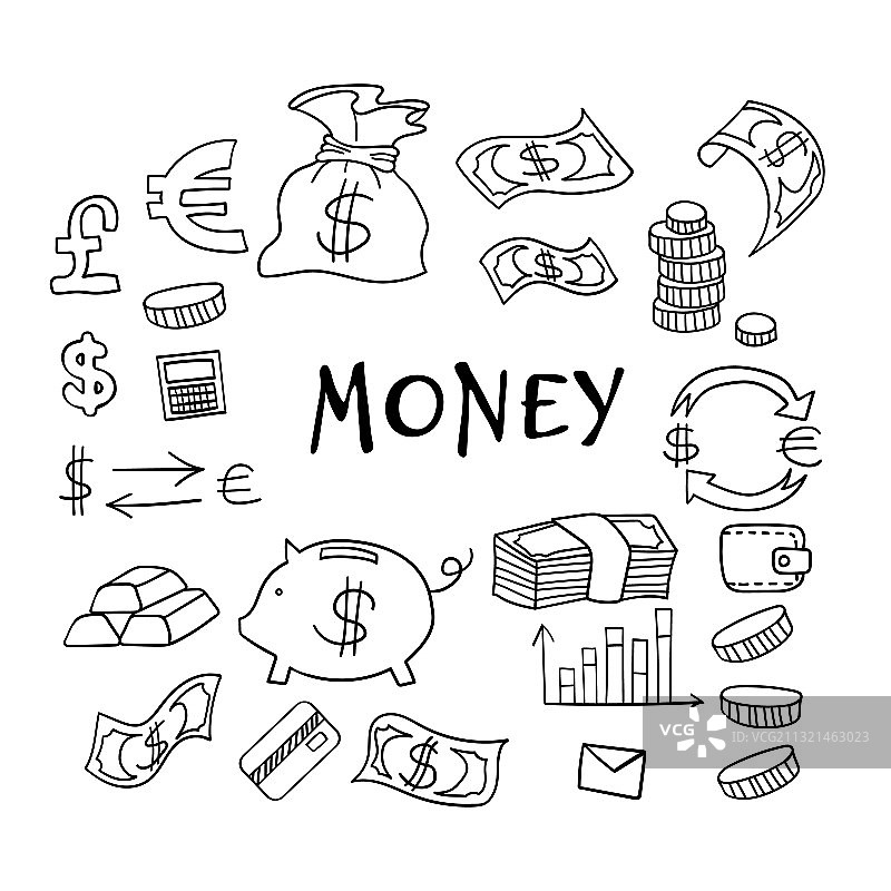 涂鸦风货币合集图片素材