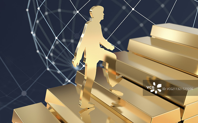 剪影商务人士踩着黄金上升概念图片素材