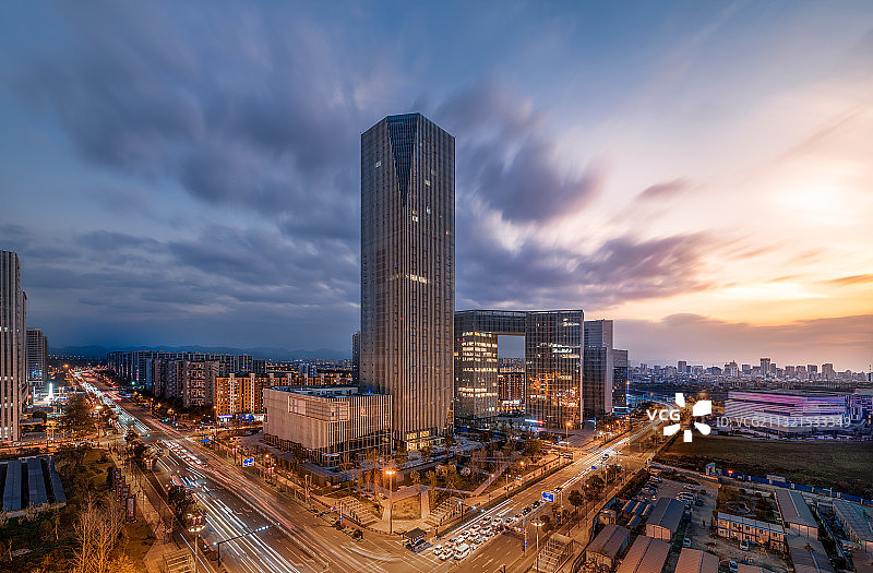 金华金东新城多湖商务区融景湾SOHO日落盛景图片素材