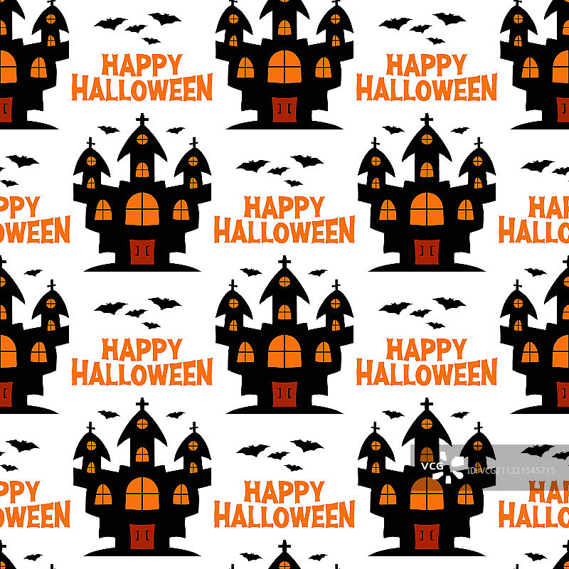 万圣节女巫城堡与蝙蝠无缝背景图片素材