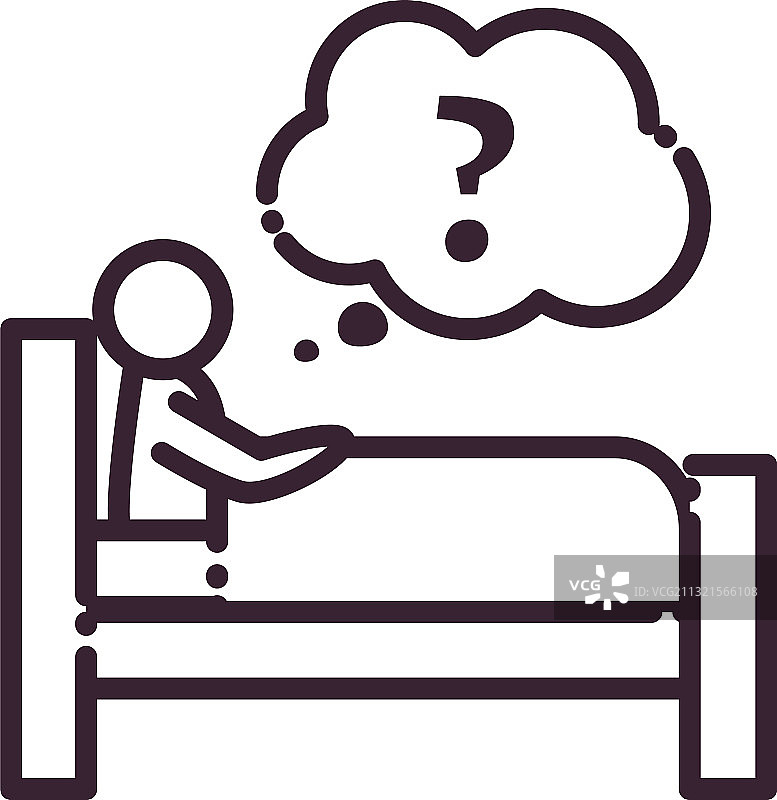 在床上睡觉的男人，气泡中有问号图片素材