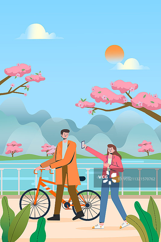 春天湖边推车的男孩与自拍的女孩插画图片素材