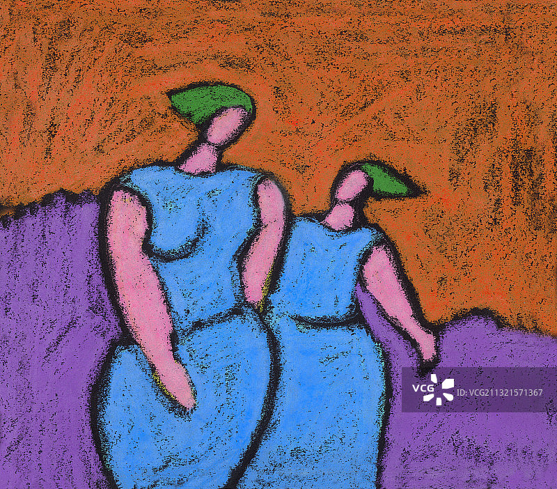 身穿蓝色连衣裙的两名女子一同行走插画图片素材