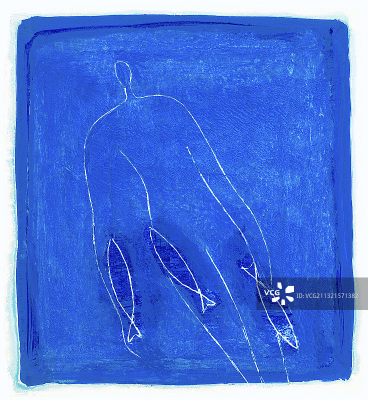 手持三条鱼的蓝色人形剪影插画图片素材