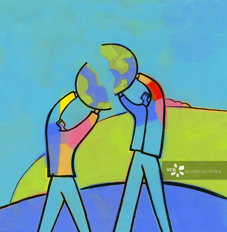 两名男子拼装行星拼图。插图图片素材