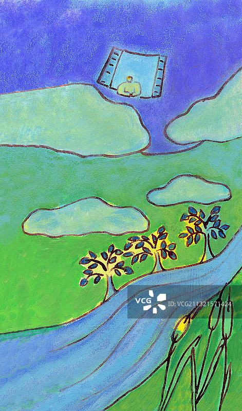 从天空中的窗户观看的人插画图片素材