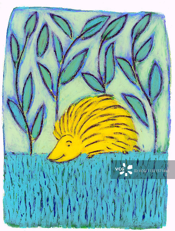 植物中的黄色刺猬插画图片素材