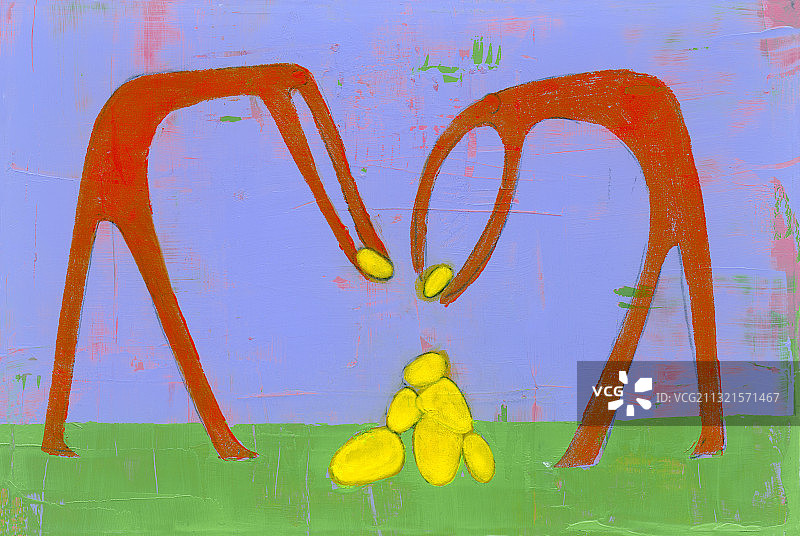 两人在草坪上放下黄色石头。插图。图片素材