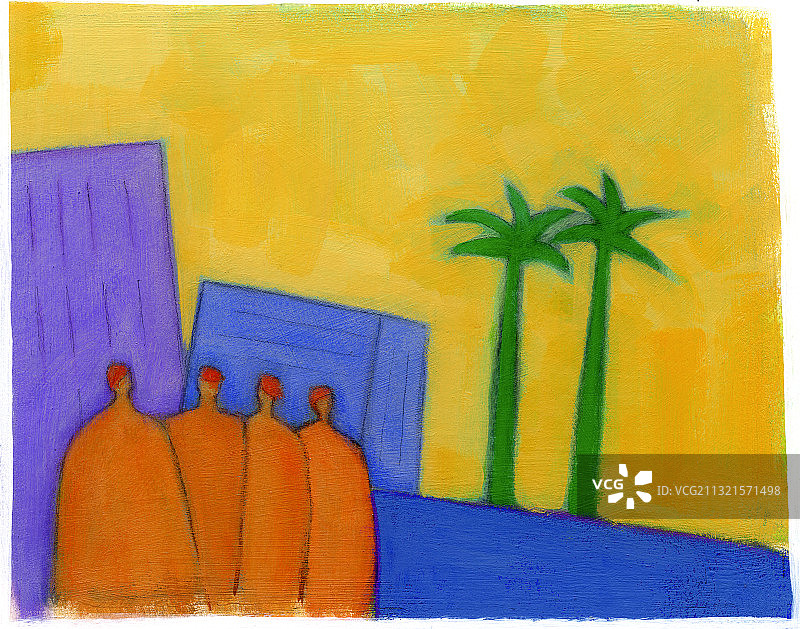 建筑物和棕榈树前的四人插图图片素材