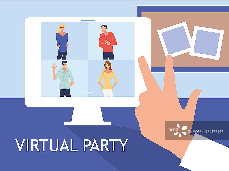电脑中男女卡通人物的线上派对图片素材
