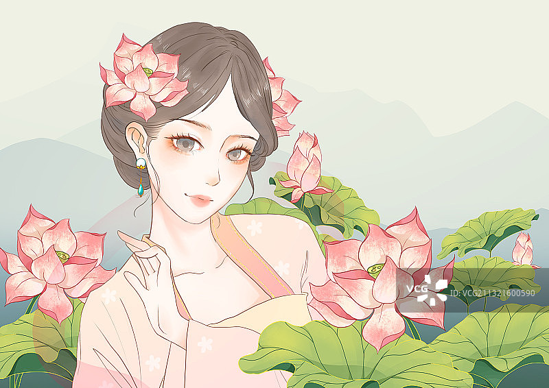 荷塘古风水彩仙女图片素材