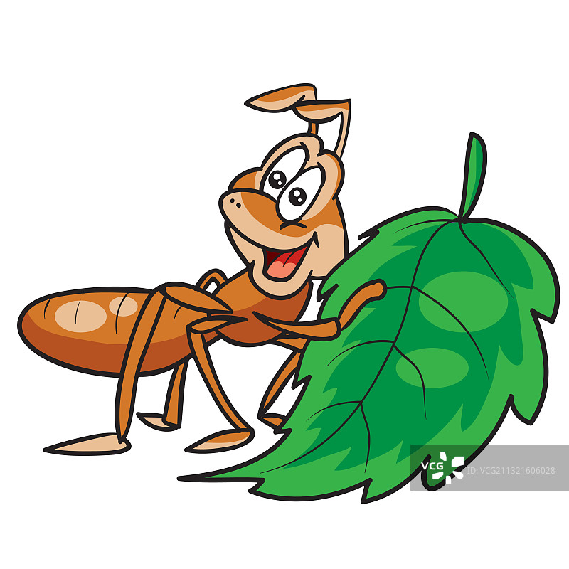 快乐地拿着绿叶的可爱蚂蚁角色图片素材