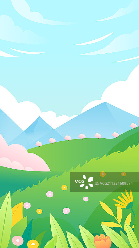 春天夏天户外山脉草地花丛矢量风景插画竖图图片素材