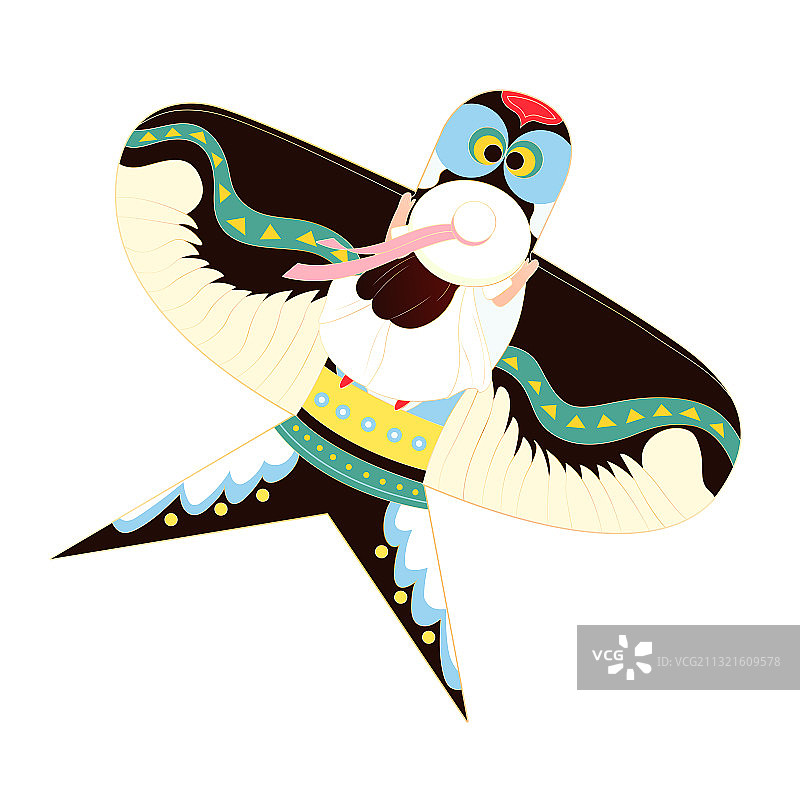 国潮风女孩带着帽子趴在风筝上飞翔矢量插画图片素材