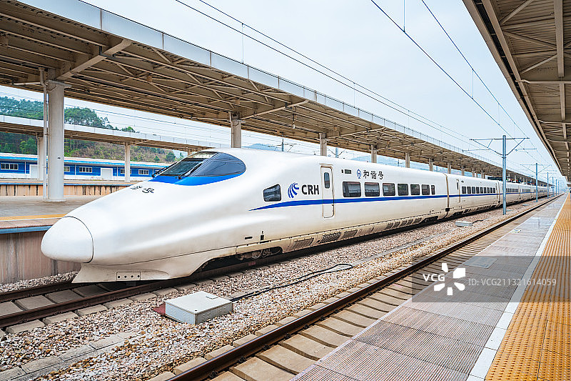 行驶中的高速火车和谐号高铁动车组图片素材