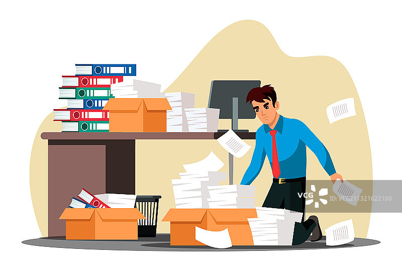 跪在纸箱前的过度劳累的员工图片素材