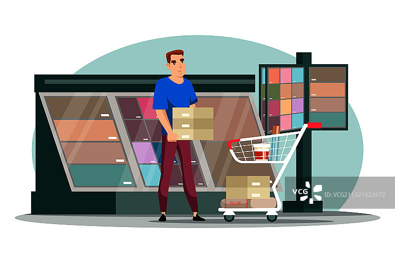 男人在五金店选择瓷砖胶图片素材