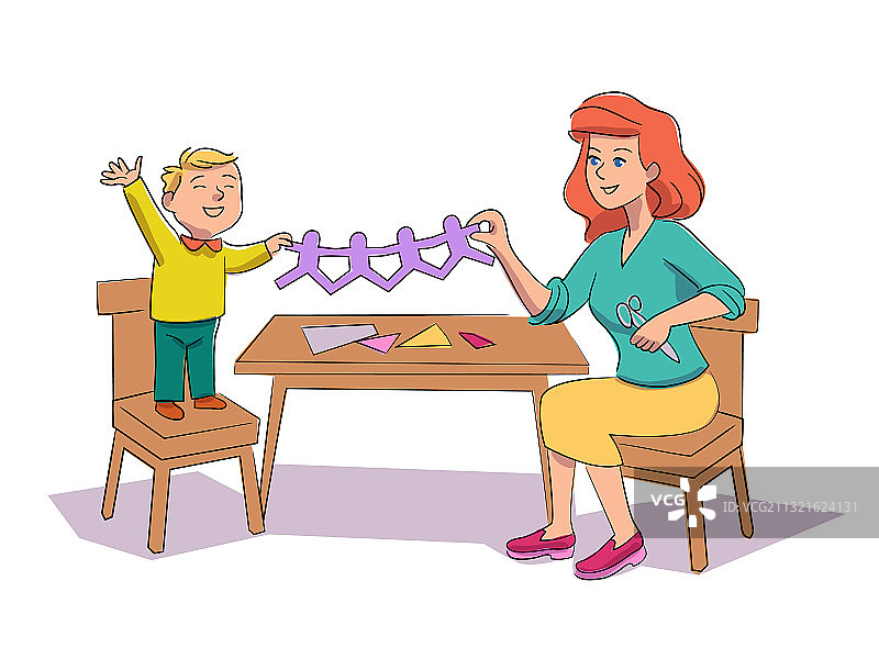 孩子和保姆制作纸花环图片素材