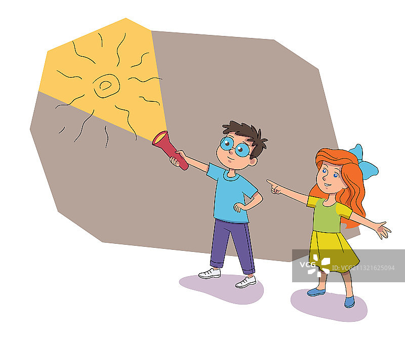 男孩女孩在密室墙上发现古代绘画图片素材