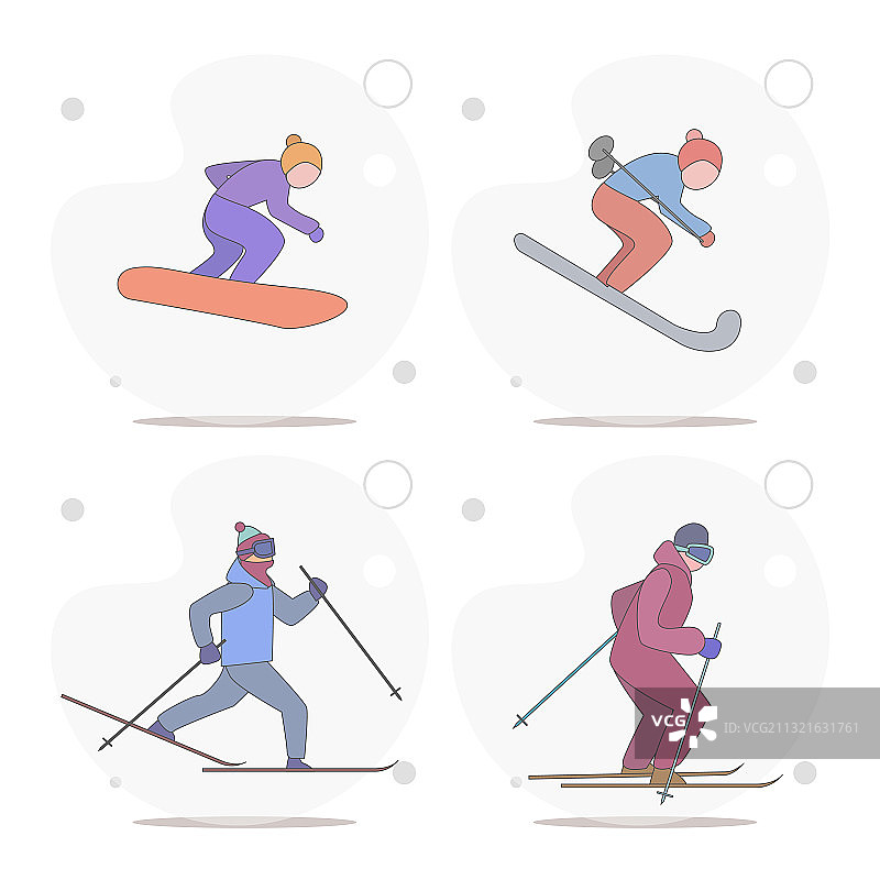 滑雪者和滑雪板运动员的冬季运动扁平风格白色背景图片素材