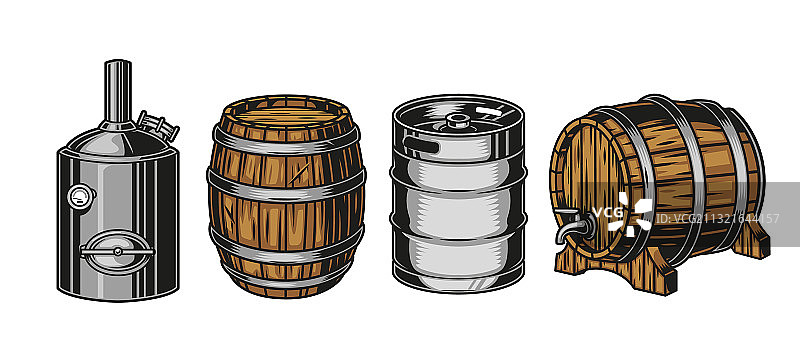 彩色啤酒容器复古套装图片素材