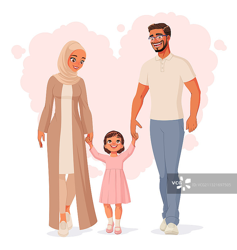 手牵手行走的穆斯林家庭图片素材