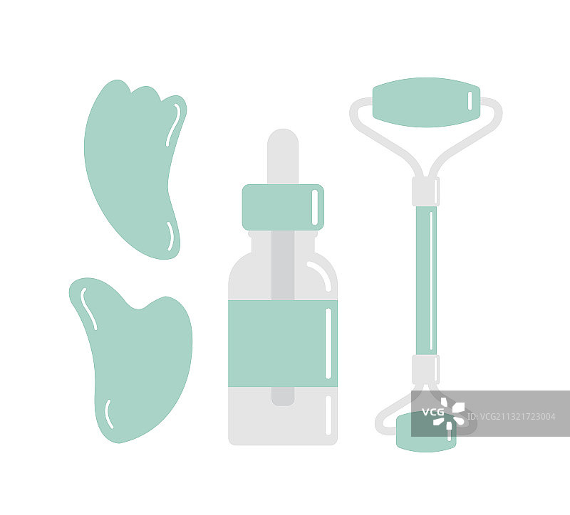 薄荷色刮痧板和精油瓶扁平图标合集图片素材