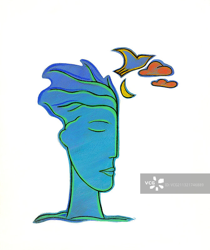 蓝色面部轮廓、蓝鸟和红色云彩插画图片素材