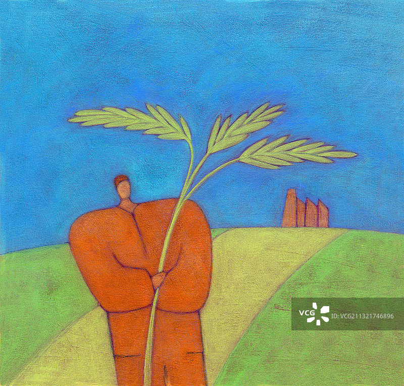 手持棕榈和远处建筑的男人风景插画图片素材