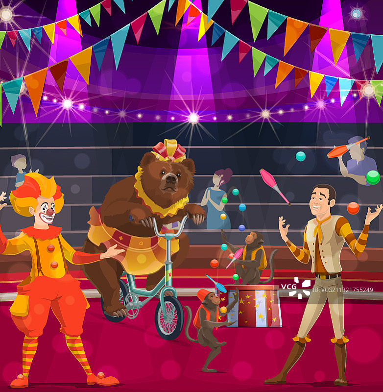马戏团表演者海报：小丑、熊和驯兽师图片素材