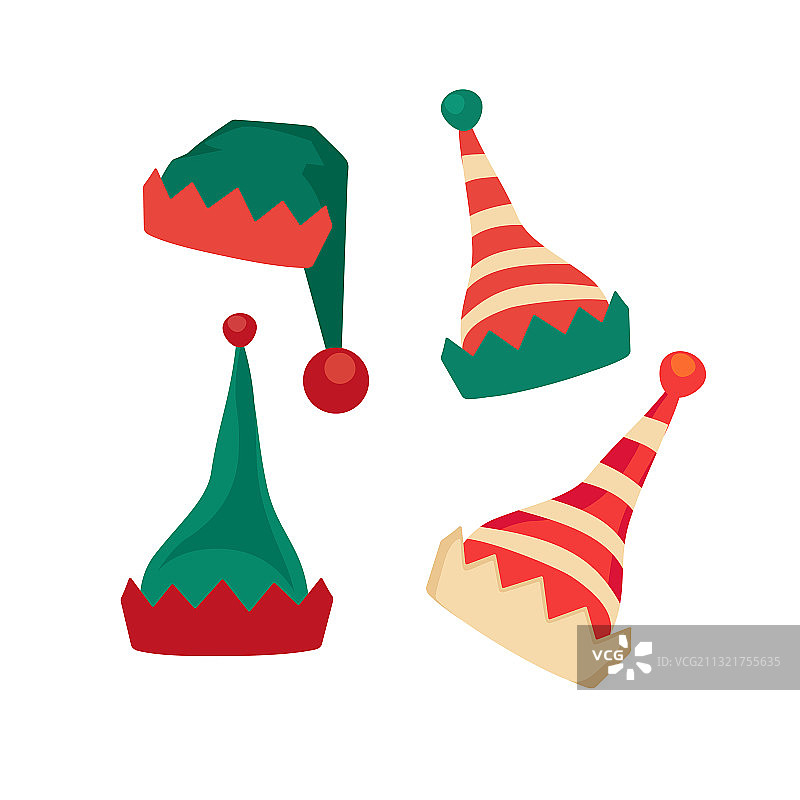 孤立的圣诞老人精灵帽扁平图标集图片素材