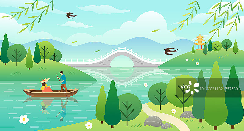 春天一对男女在公园划船图片素材