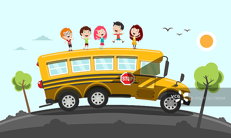 快乐的孩子们在校车上跳舞图片素材