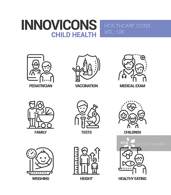 儿童健康线性设计风格图标集图片素材