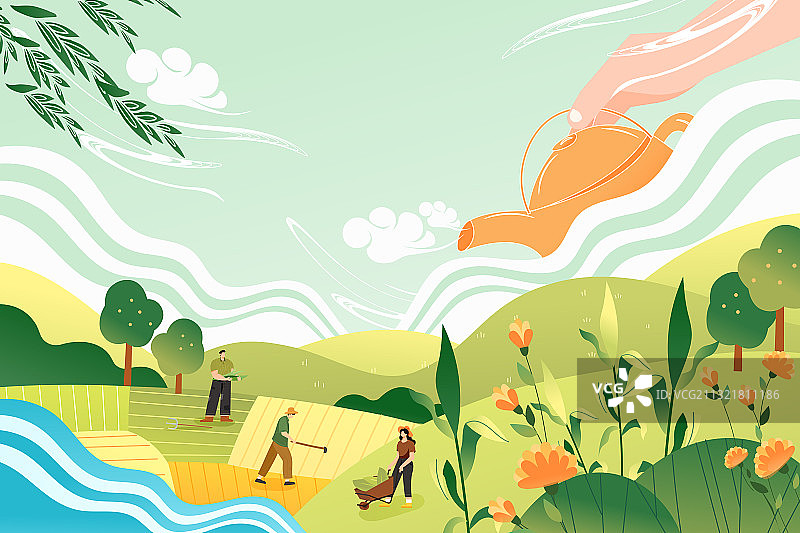 卡通春季春天农民劳作农耕播种丰收劳动节谷雨地球日茶叶矢量插画图片素材