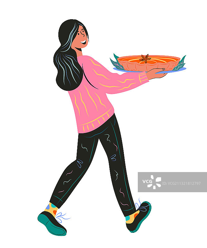 女人抱着感恩节南瓜派卡通图片素材