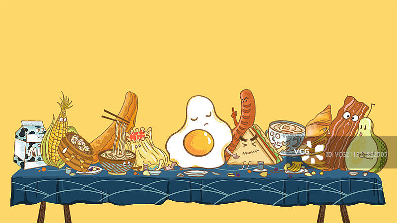 《最早的早餐》食物拟人原创插画图片素材