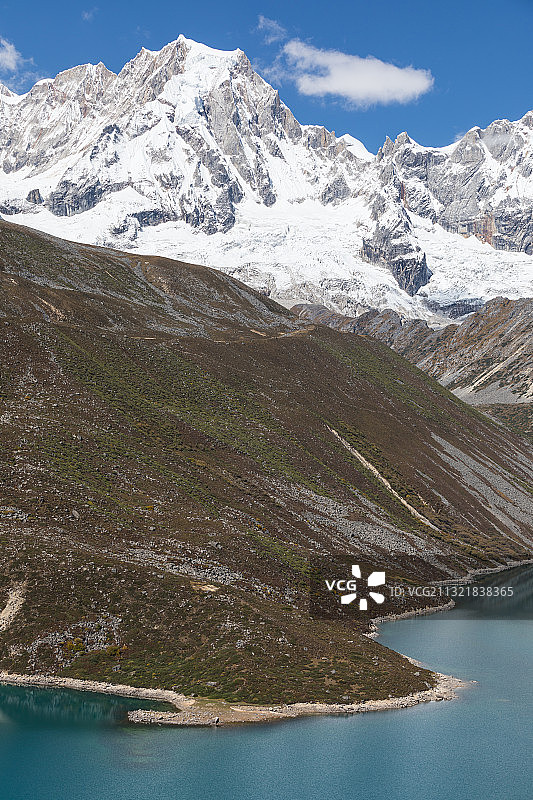 高原湖泊后面的蓝天白云雪山图片素材