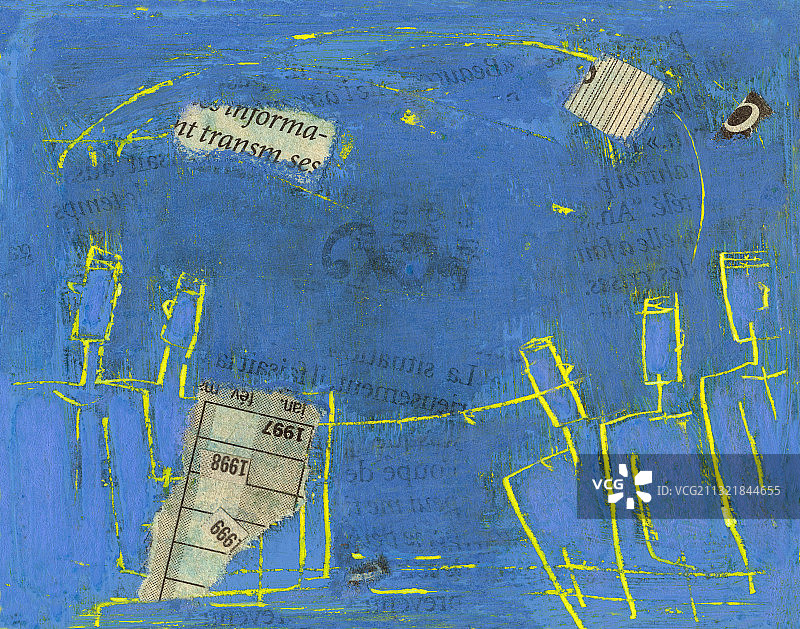 综合材料拼贴画：蓝色和黄色人物插画图片素材