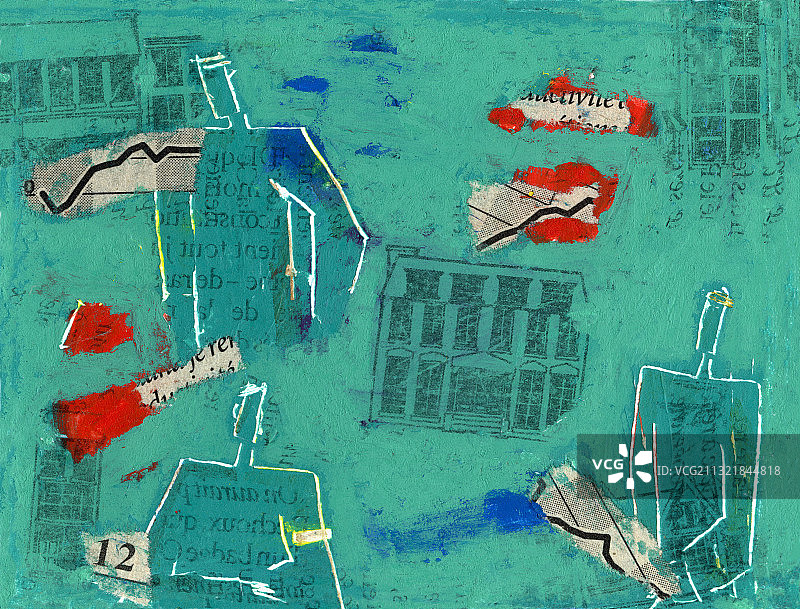 绿色背景上的三个人物和拼贴画图片素材